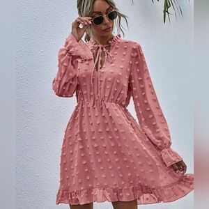 CDM Collection | Dusty Pink Chiffon Polka Dot Long Sleeve Mini Dress Size M